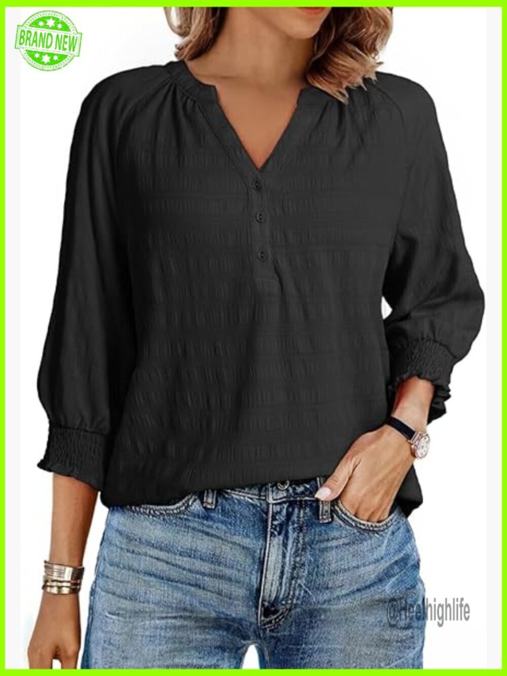 V-Neck Button Down Blouse with Lantern Sleeves